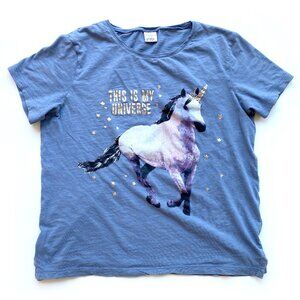 Lindex Girls Unicorn Tee Size 12-14 Blue "This Is My Universe"